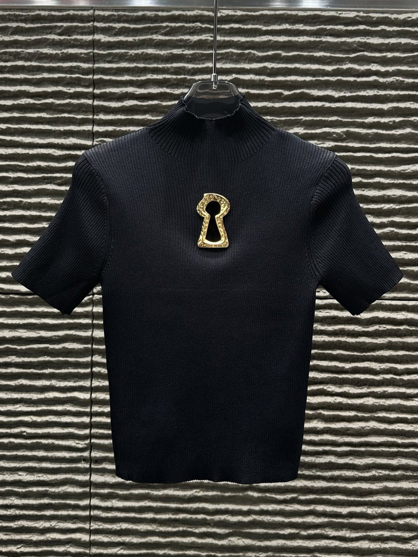 Black Ribbed Knit Top with Gold Keyhole Cutout