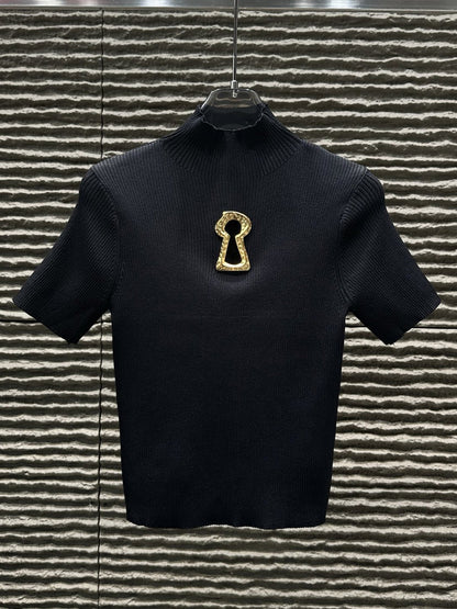 Black Ribbed Knit Top with Gold Keyhole Cutout