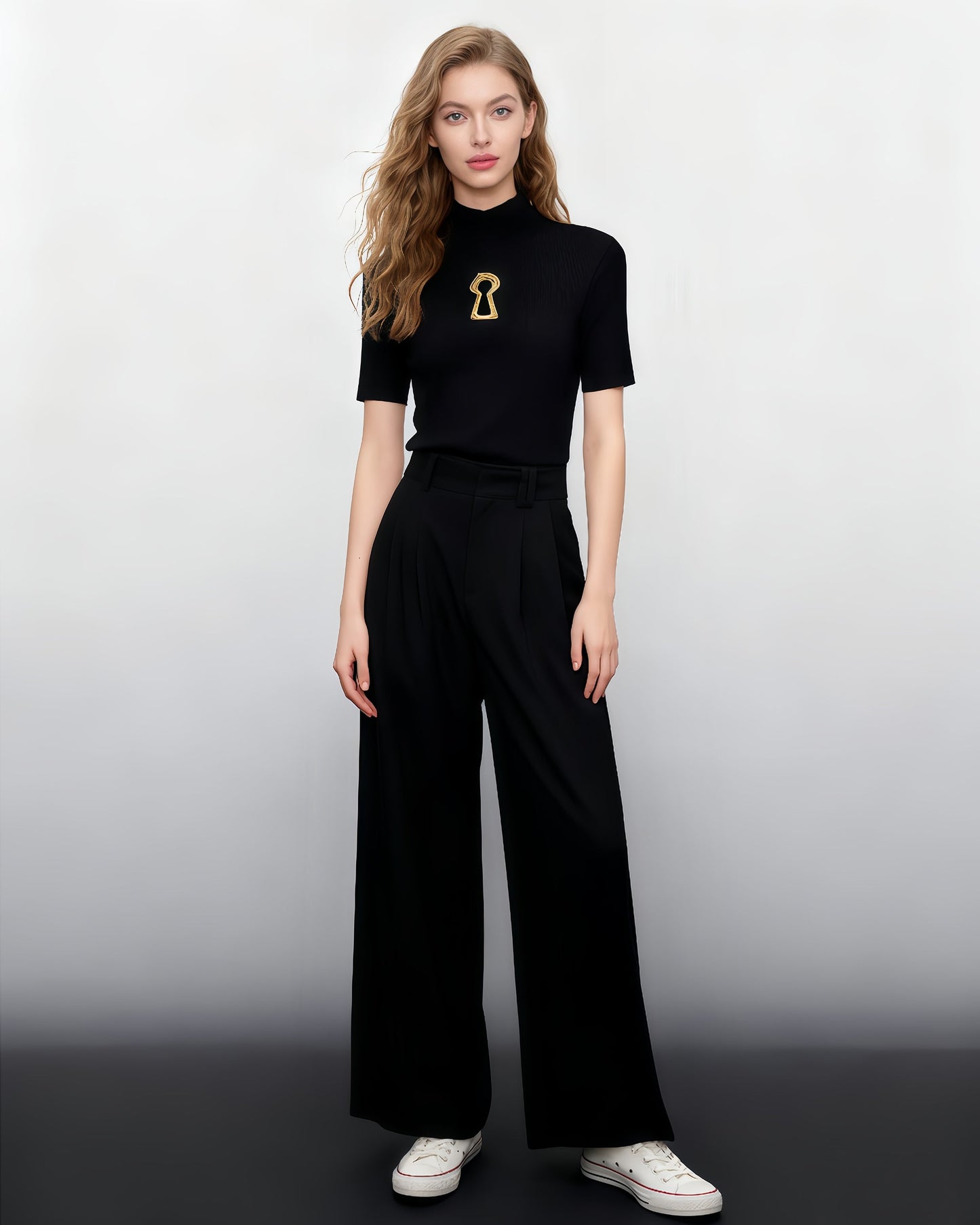Black Ribbed Knit Top with Gold Keyhole Cutout