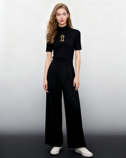 Black Ribbed Knit Top with Gold Keyhole Cutout