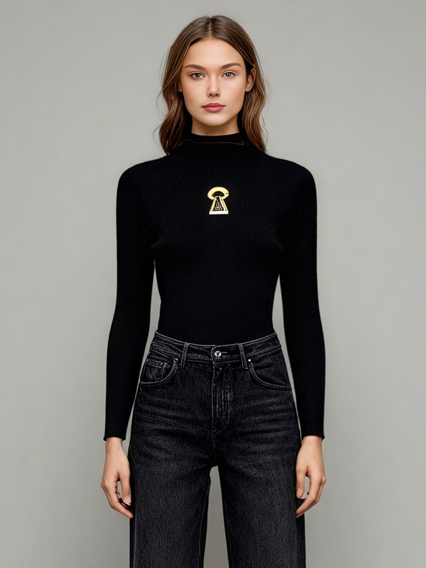 Black Ribbed Sweater with Gold Keyhole Embellishment