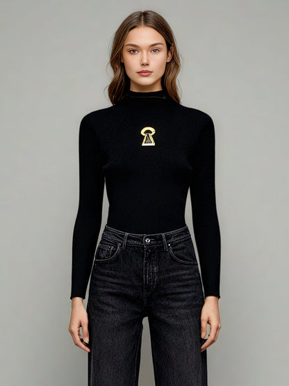 Black Ribbed Sweater with Gold Keyhole Embellishment