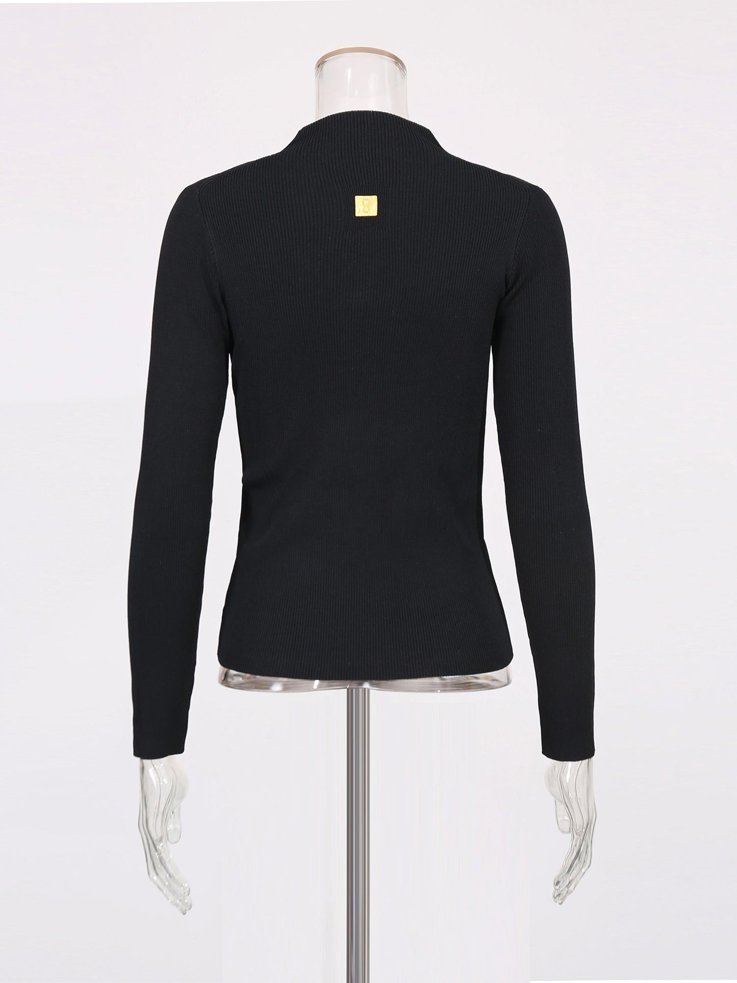 Black Ribbed Sweater with Gold Keyhole Embellishment