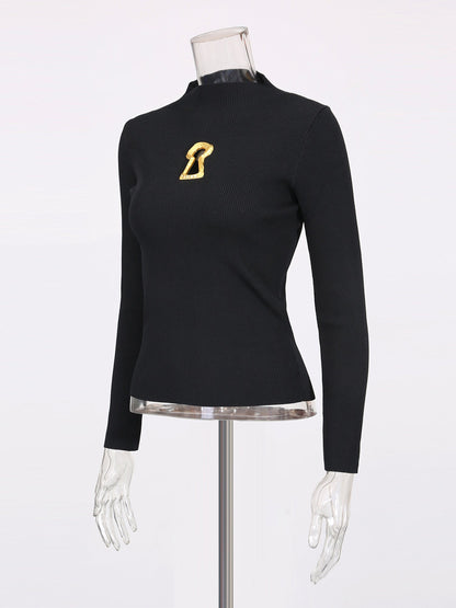 Black Ribbed Sweater with Gold Keyhole Embellishment