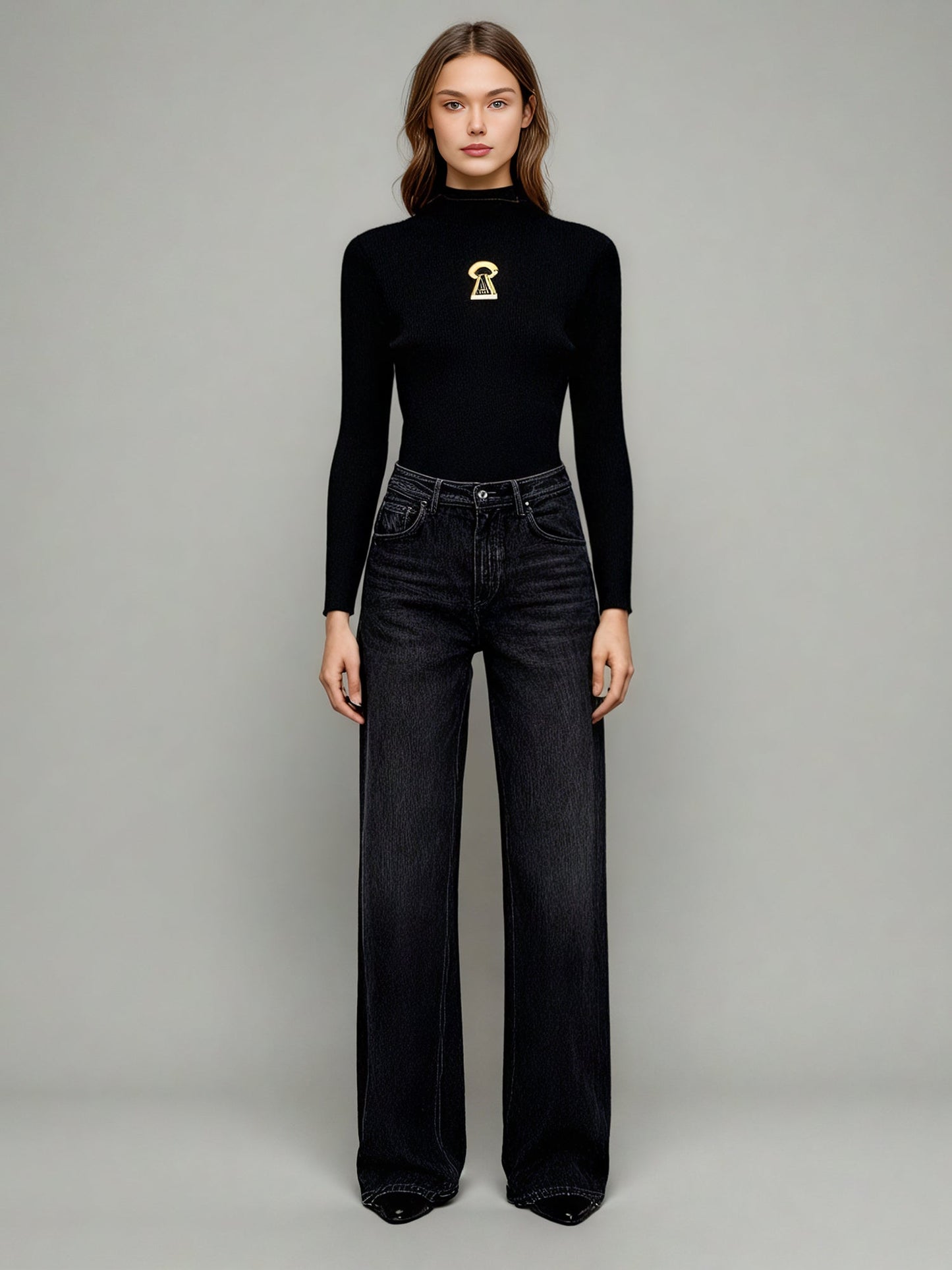 Black Ribbed Sweater with Gold Keyhole Embellishment