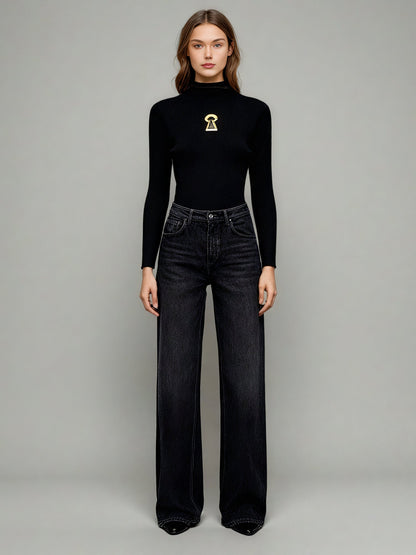 Black Ribbed Sweater with Gold Keyhole Embellishment