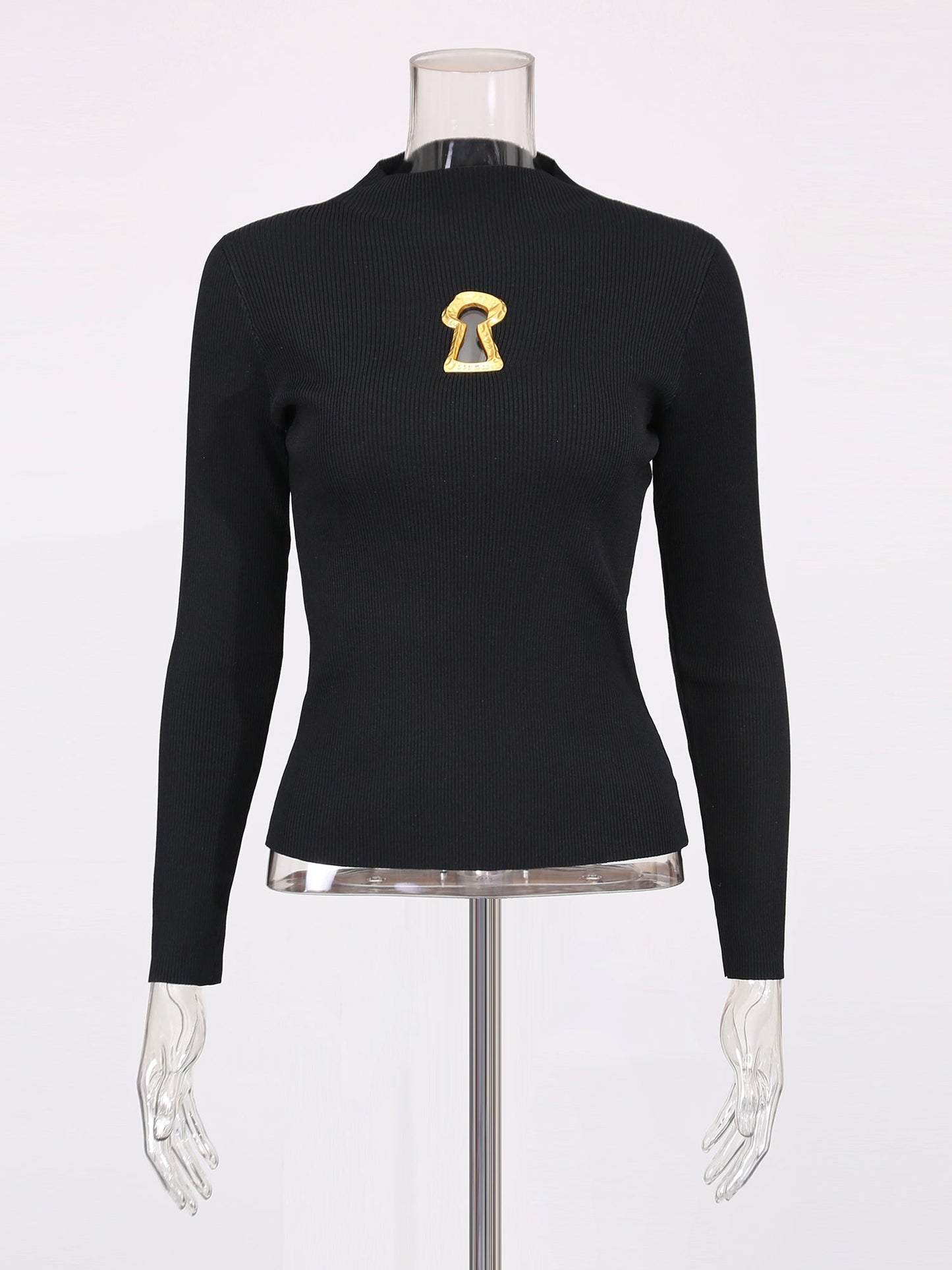 Black Ribbed Sweater with Gold Keyhole Embellishment