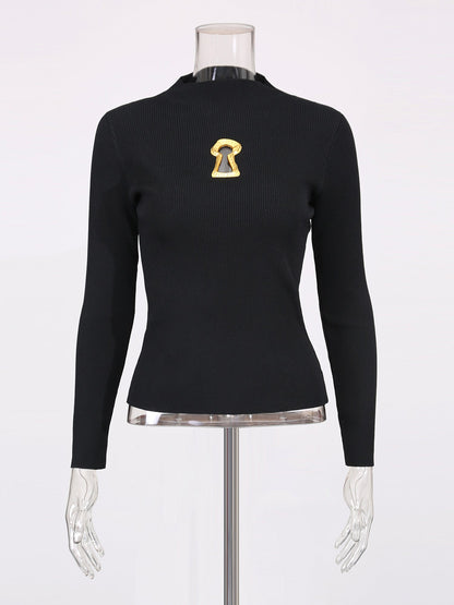 Black Ribbed Sweater with Gold Keyhole Embellishment