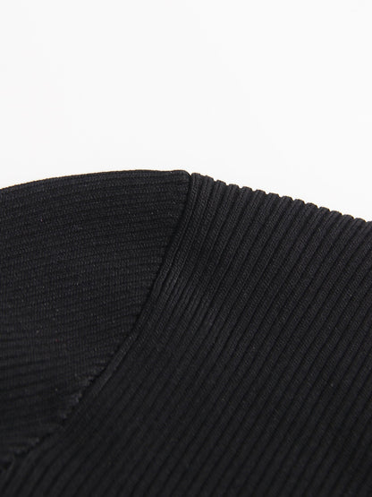 Black Ribbed Sweater with Gold Keyhole Embellishment