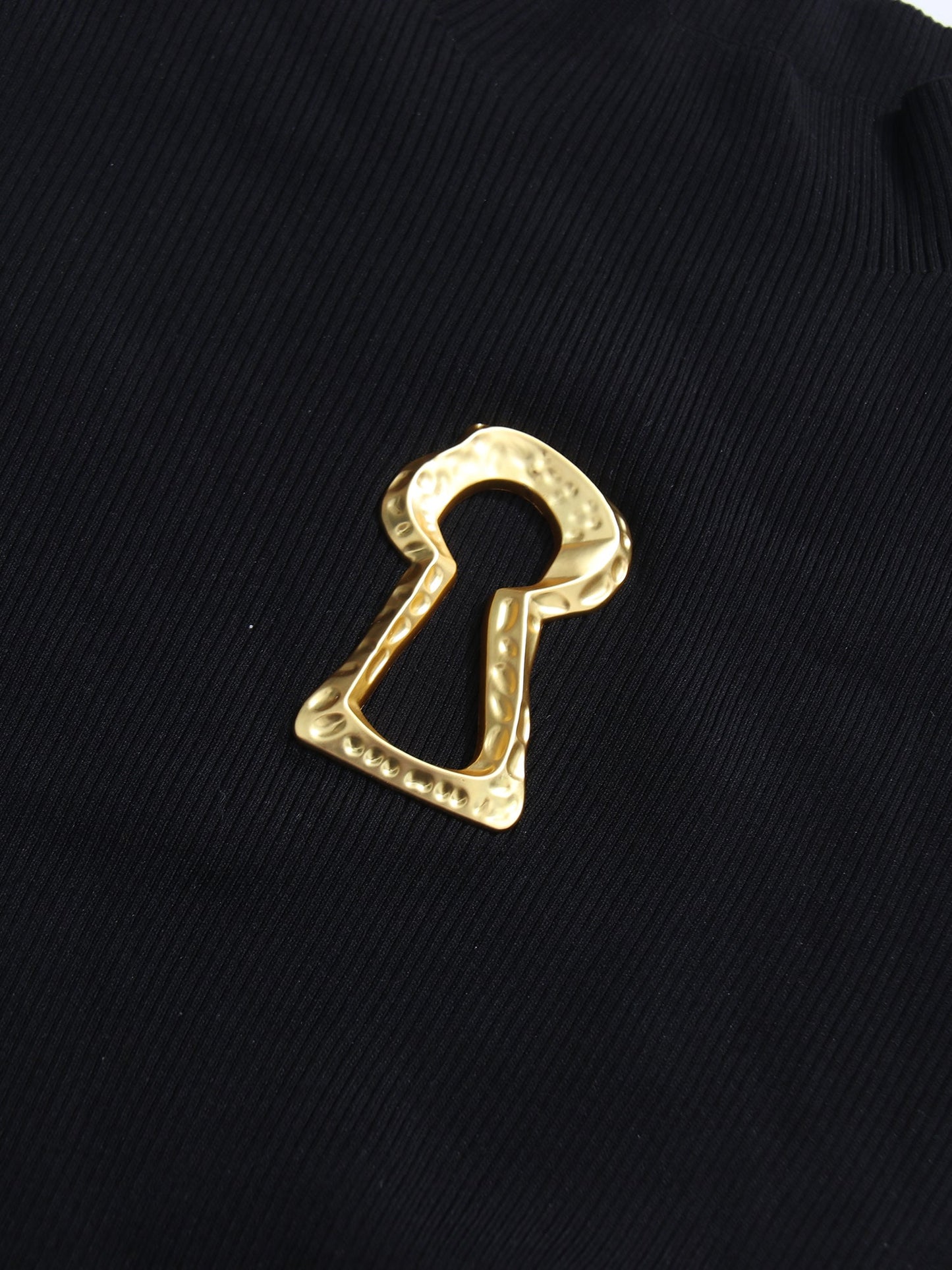 Black Ribbed Sweater with Gold Keyhole Embellishment