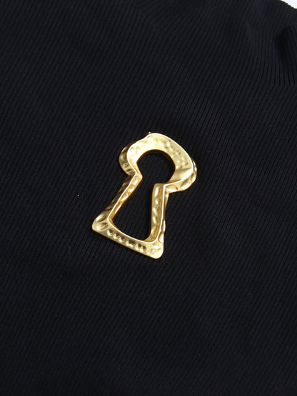 Black Ribbed Sweater with Gold Keyhole Embellishment