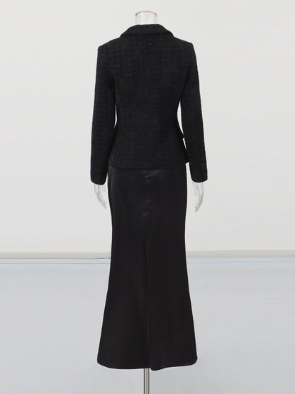 Black Tweed Blazer & Mermaid Skirt Set