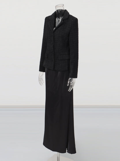 Black Tweed Blazer & Mermaid Skirt Set