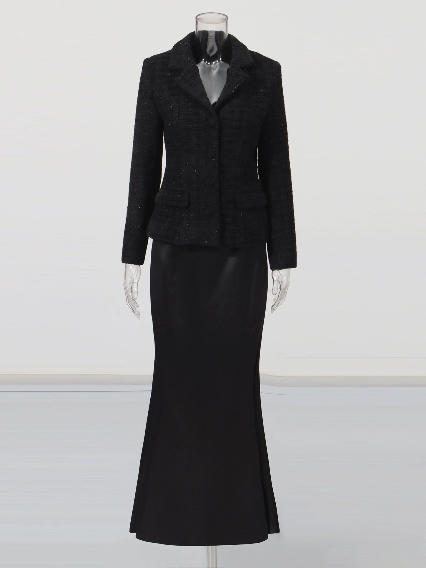 Black Tweed Blazer & Mermaid Skirt Set