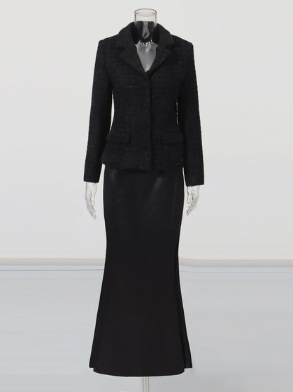 Black Tweed Blazer & Mermaid Skirt Set
