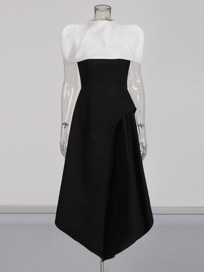 Black & White Puff Sleeve Asymmetric Midi Dress