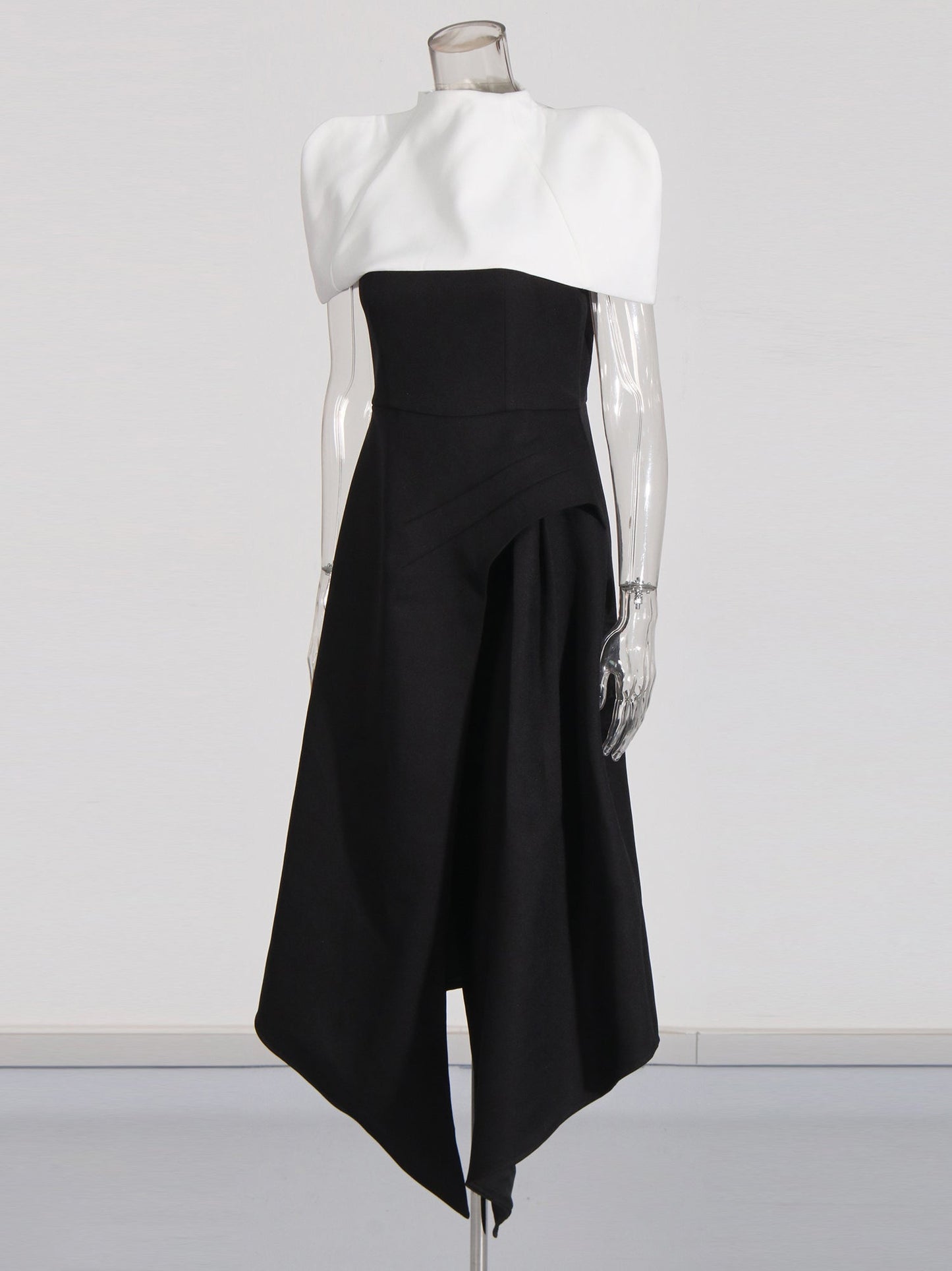 Black & White Puff Sleeve Asymmetric Midi Dress