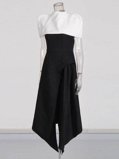 Black & White Puff Sleeve Asymmetric Midi Dress