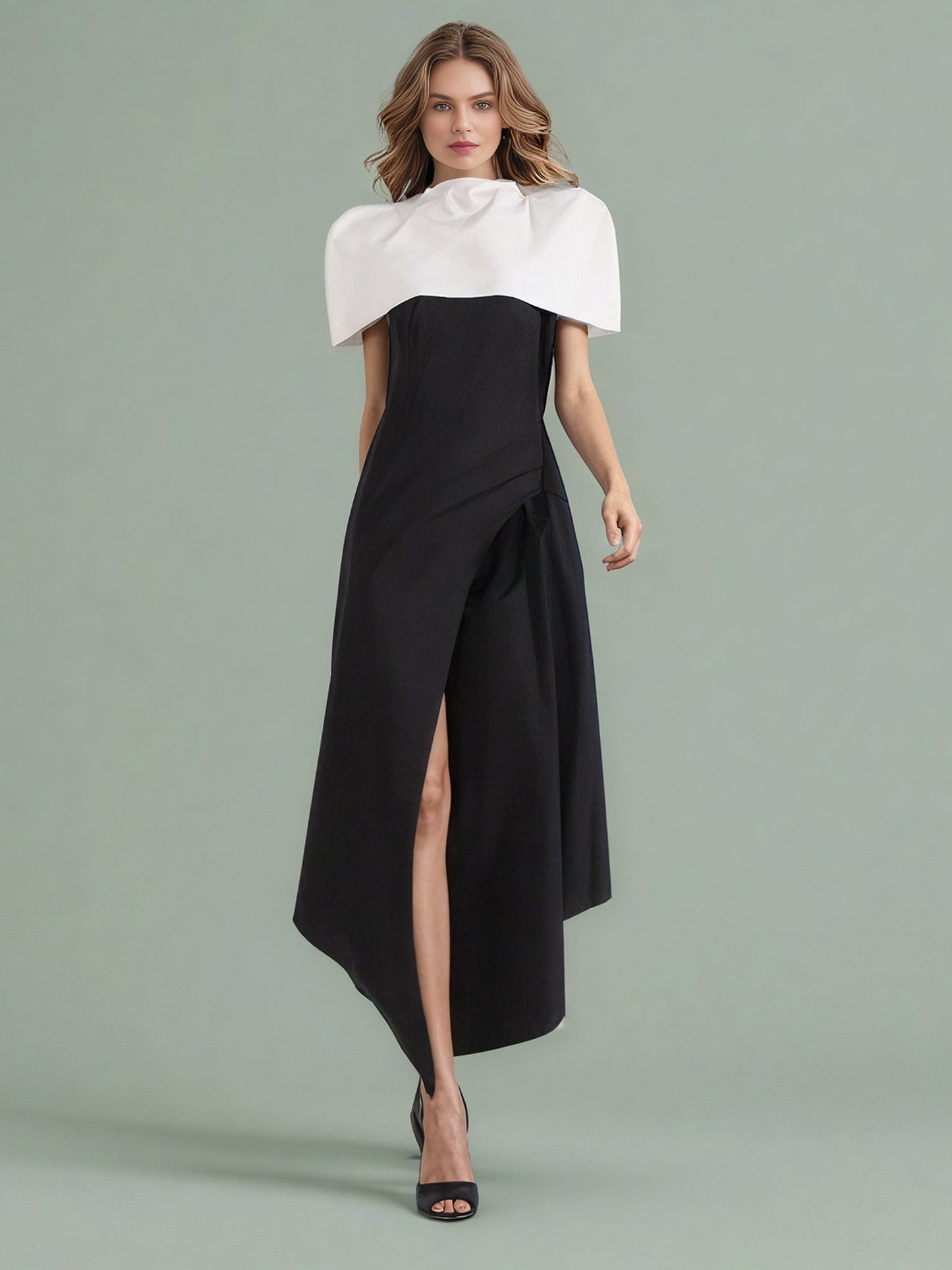 Black & White Puff Sleeve Asymmetric Midi Dress