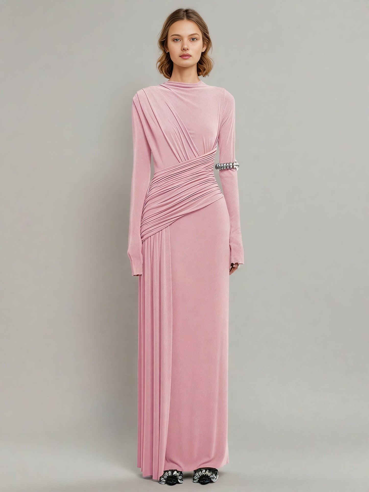 Blush Pink Ruched Long Sleeve Maxi Dress