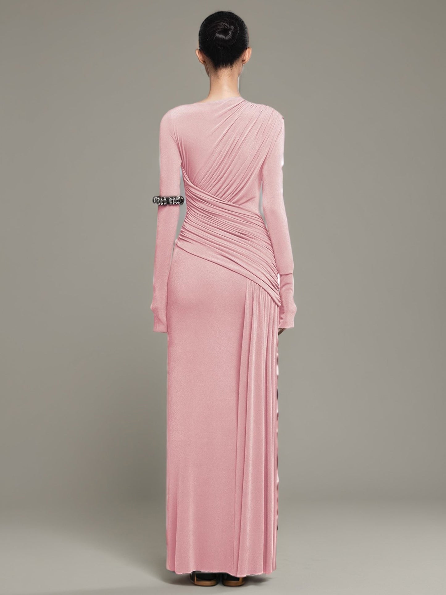 Blush Pink Ruched Long Sleeve Maxi Dress