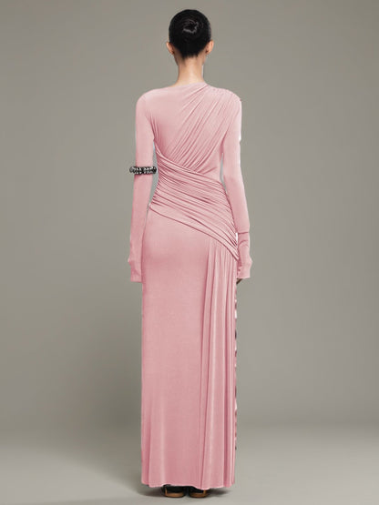 Blush Pink Ruched Long Sleeve Maxi Dress