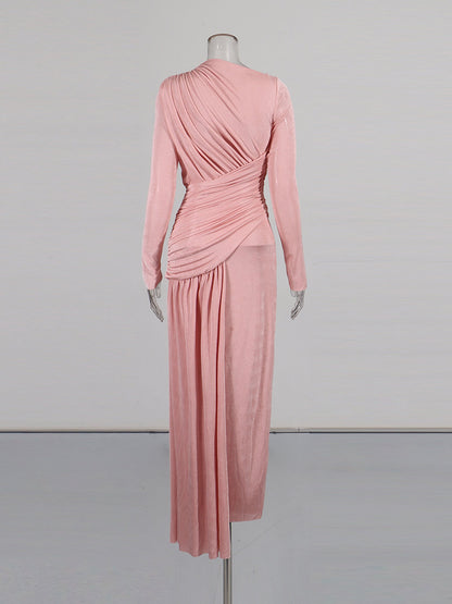 Blush Pink Ruched Long Sleeve Maxi Dress