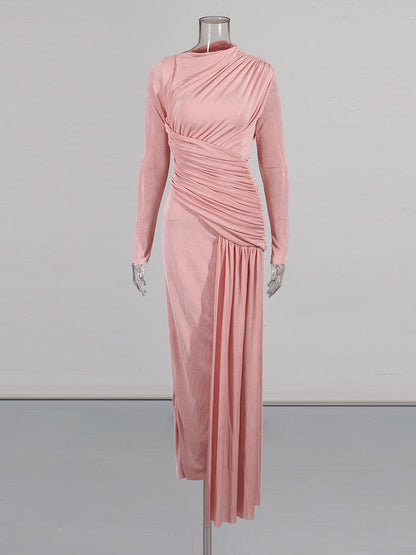 Blush Pink Ruched Long Sleeve Maxi Dress