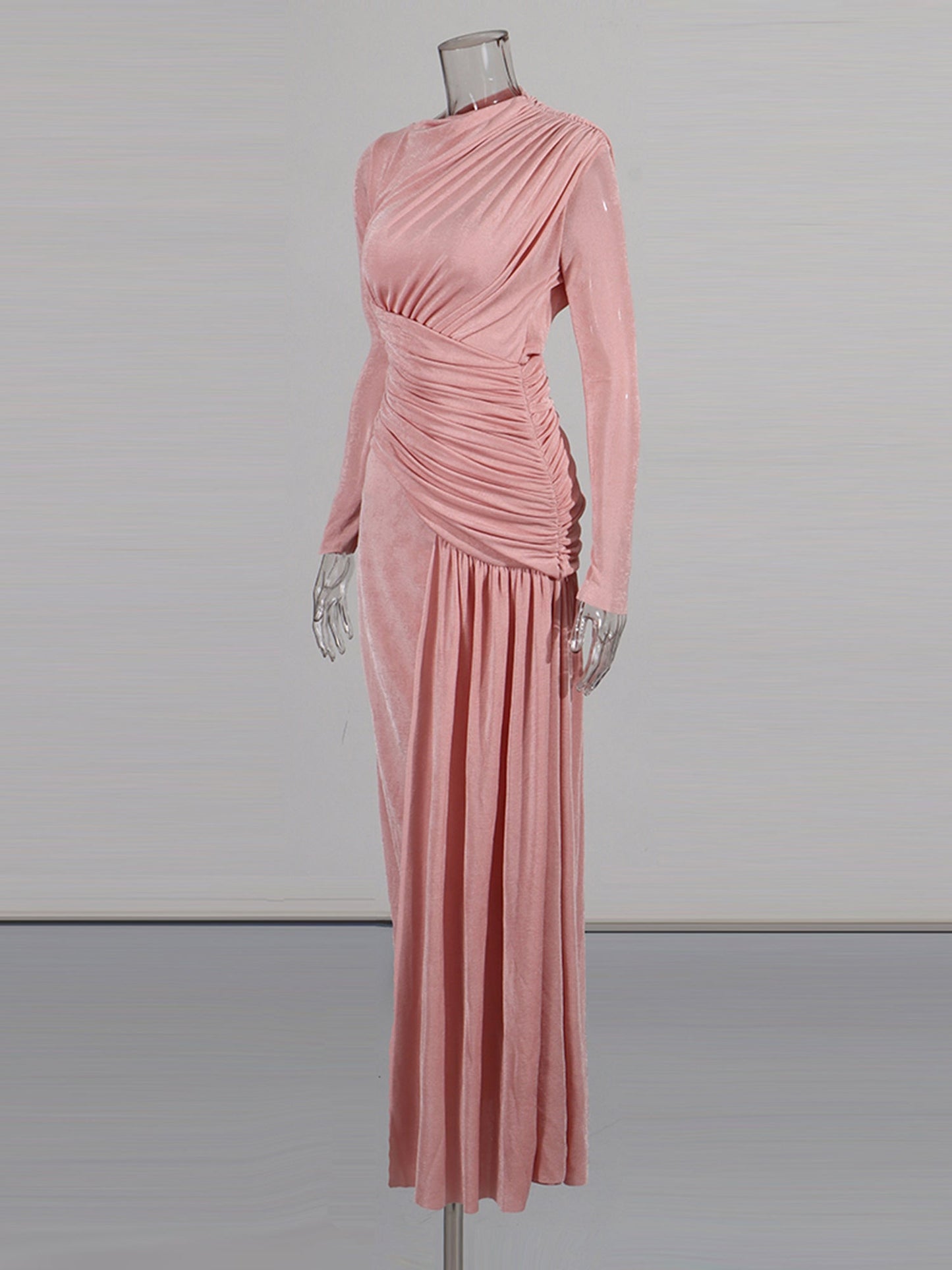 Blush Pink Ruched Long Sleeve Maxi Dress