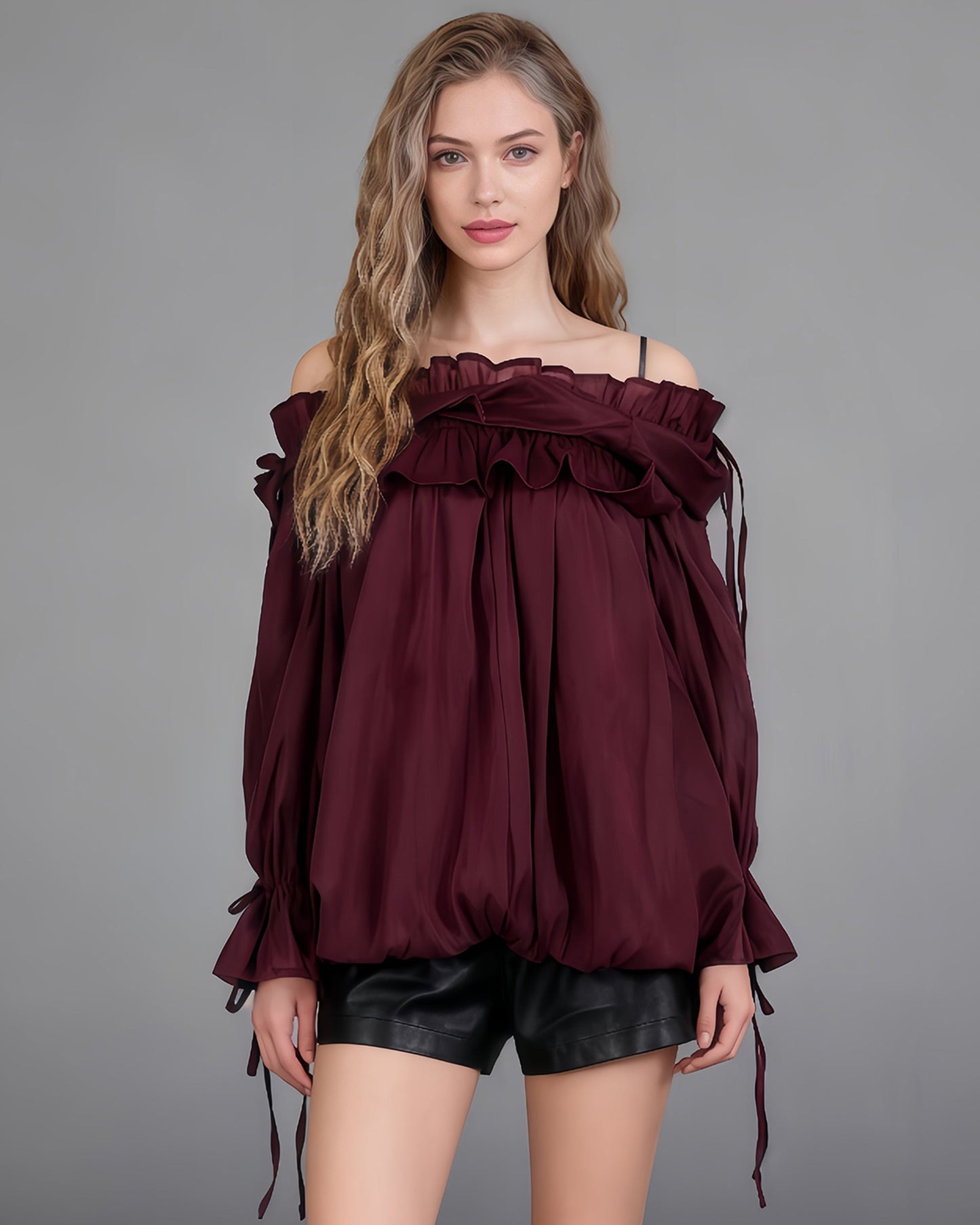 Burgundy Off-Shoulder Ruffled Sheer Blouse
