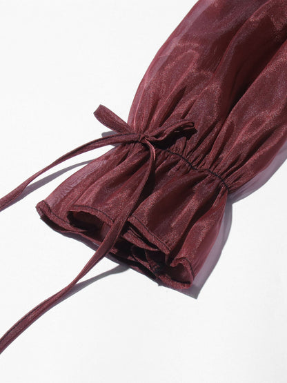 Burgundy Off-Shoulder Ruffled Sheer Blouse