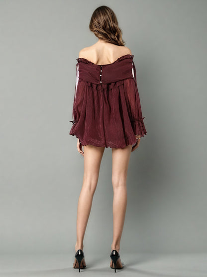 Burgundy Off-Shoulder Ruffled Sheer Blouse