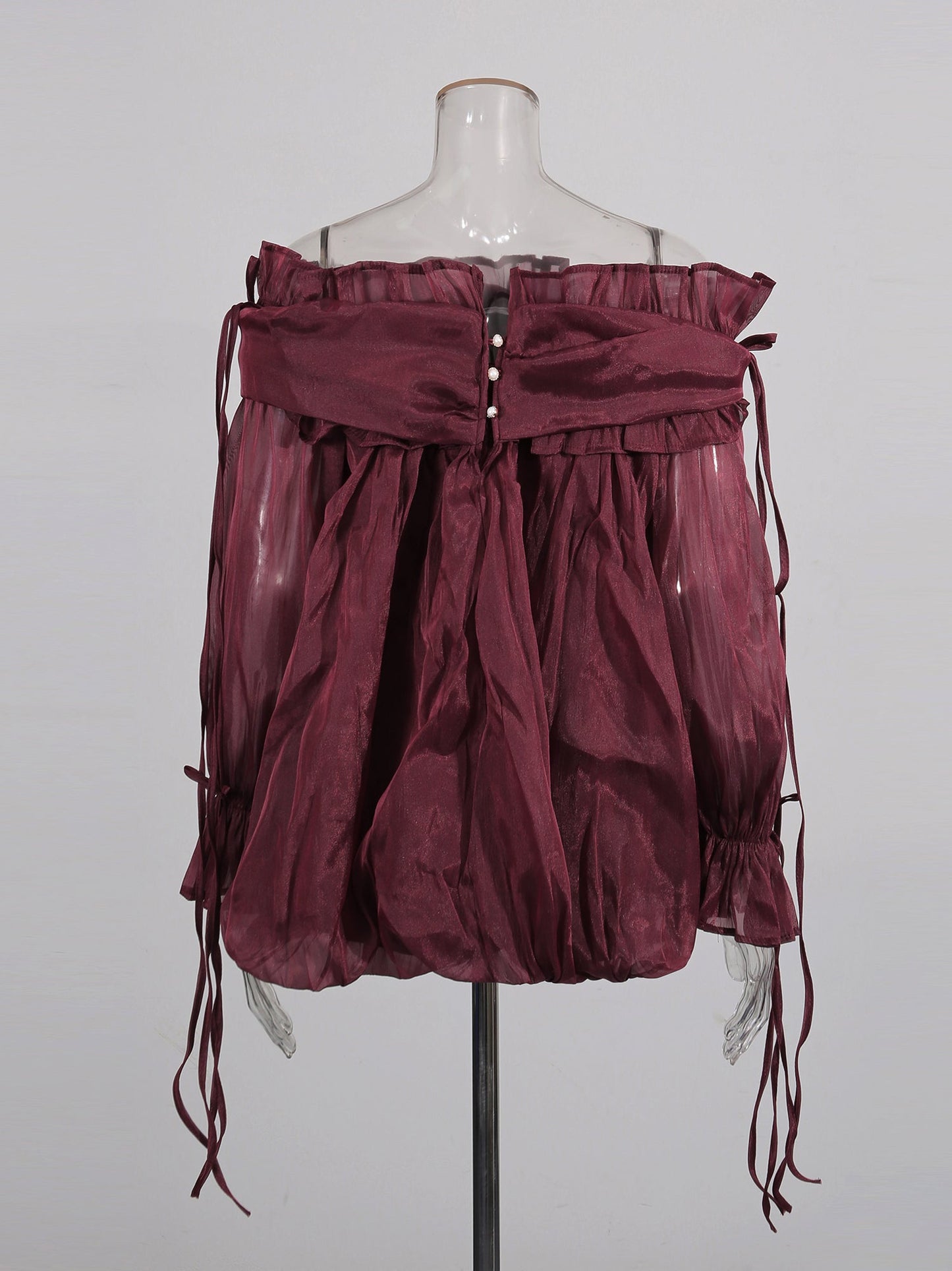 Burgundy Off-Shoulder Ruffled Sheer Blouse