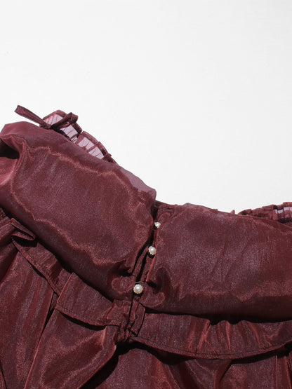 Burgundy Off-Shoulder Ruffled Sheer Blouse