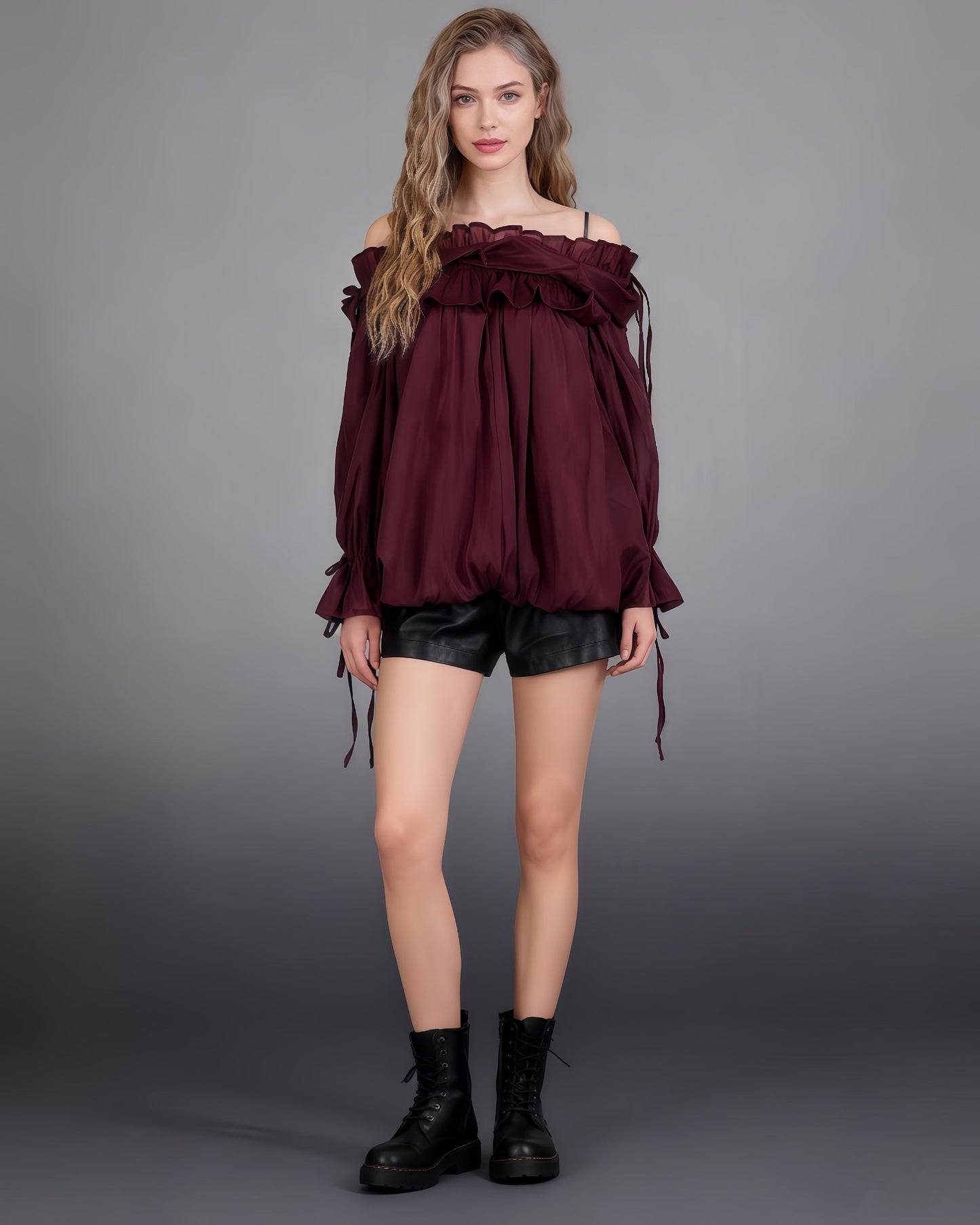 Burgundy Off-Shoulder Ruffled Sheer Blouse