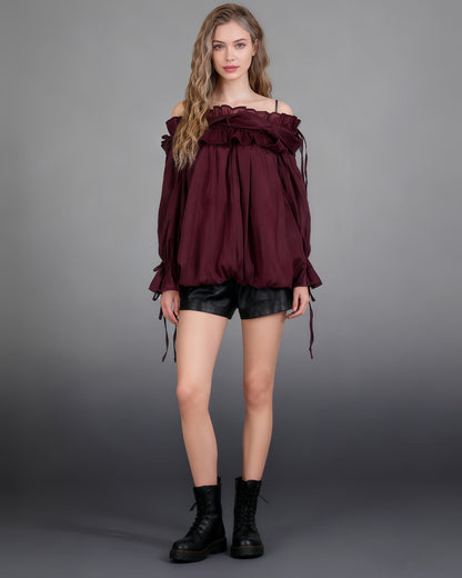 Burgundy Off-Shoulder Ruffled Sheer Blouse