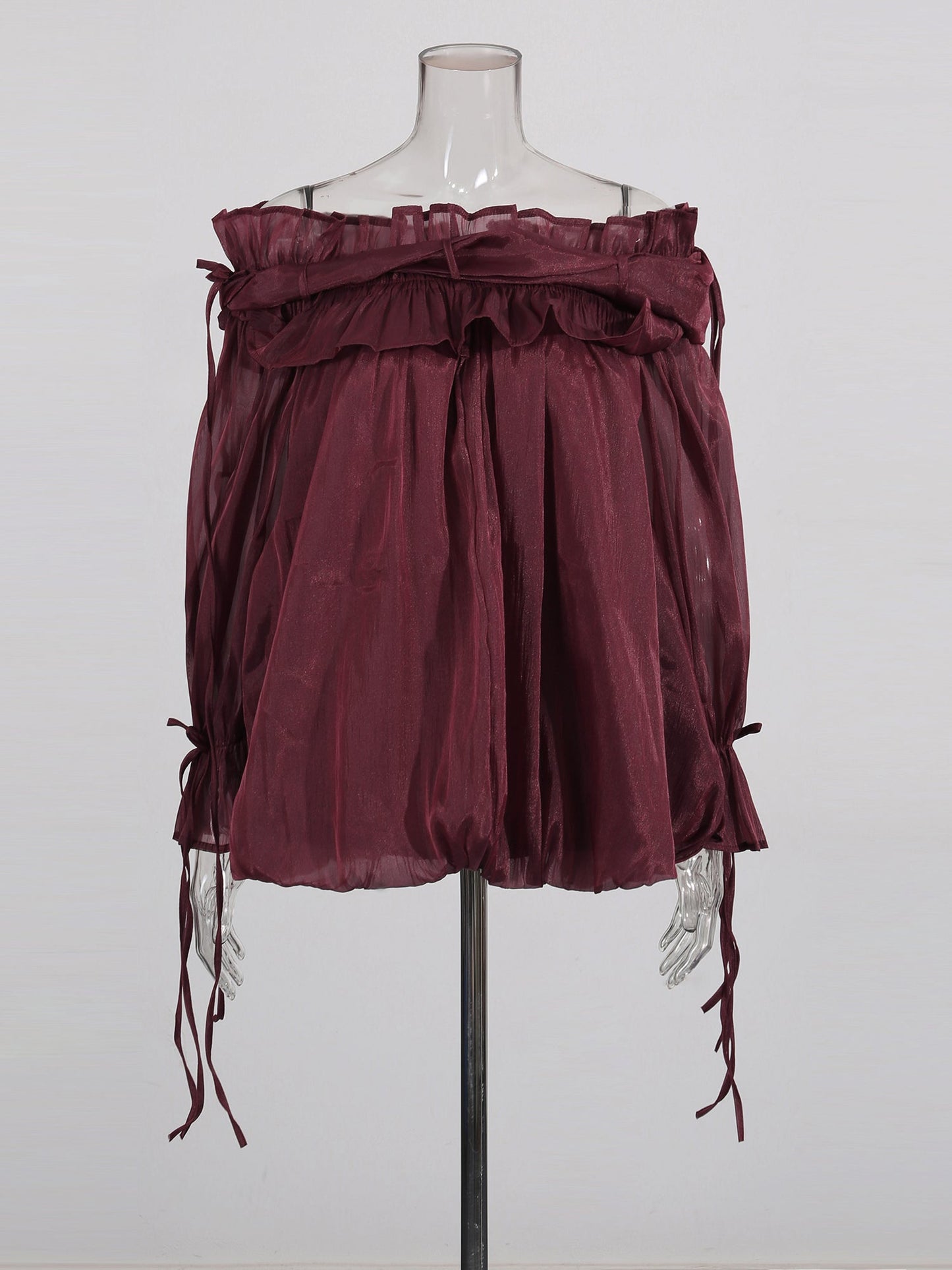 Burgundy Off-Shoulder Ruffled Sheer Blouse
