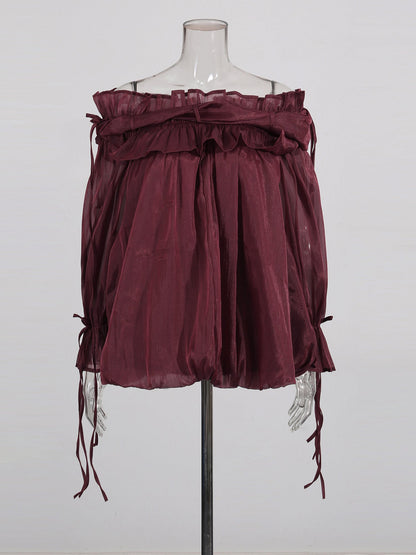 Burgundy Off-Shoulder Ruffled Sheer Blouse