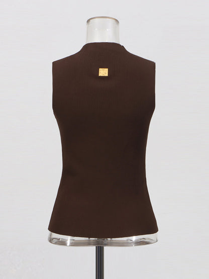Chic Coffee Sleeveless Top with Gold Keyhole Accent
