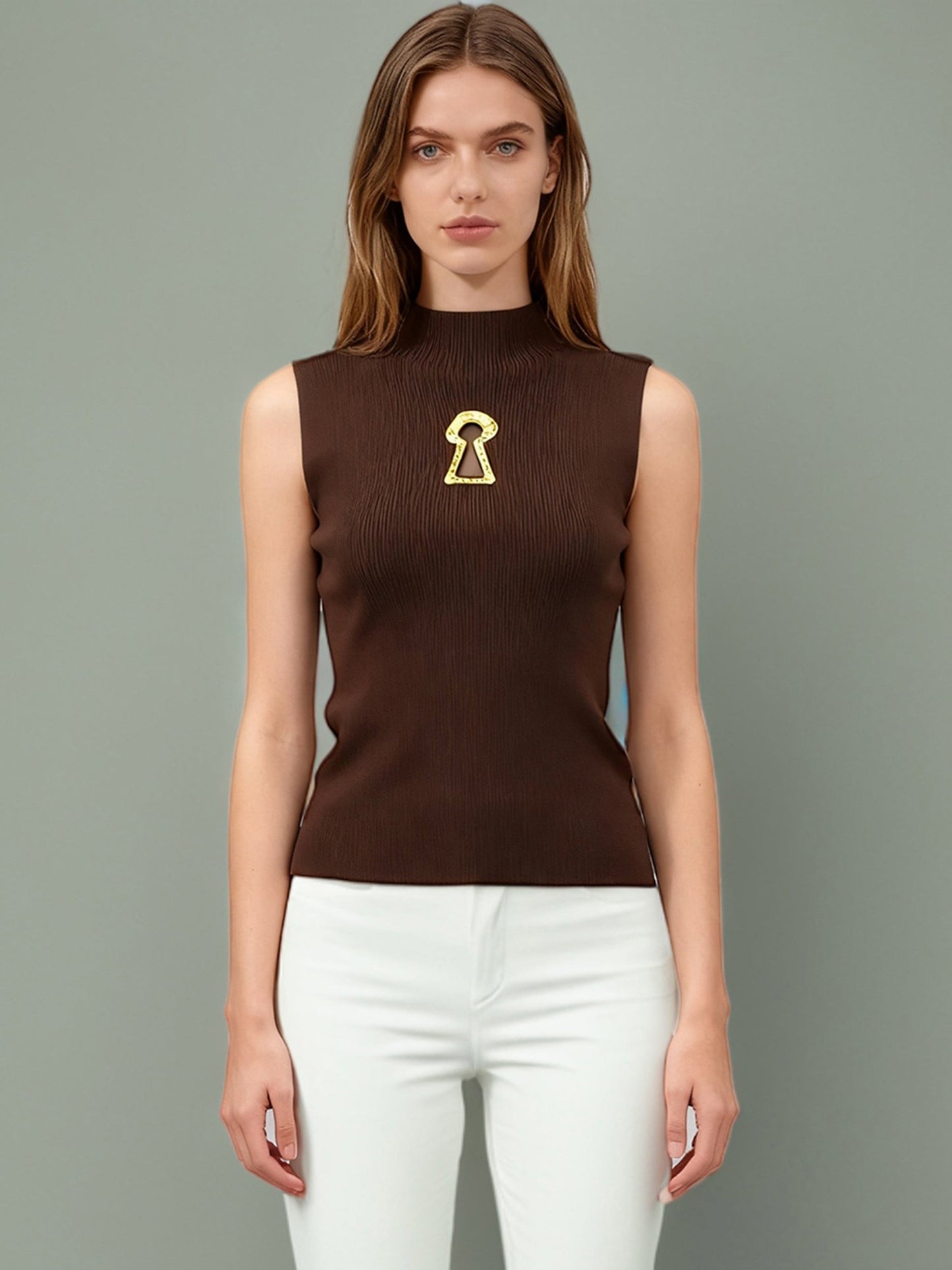 Chic Coffee Sleeveless Top with Gold Keyhole Accent