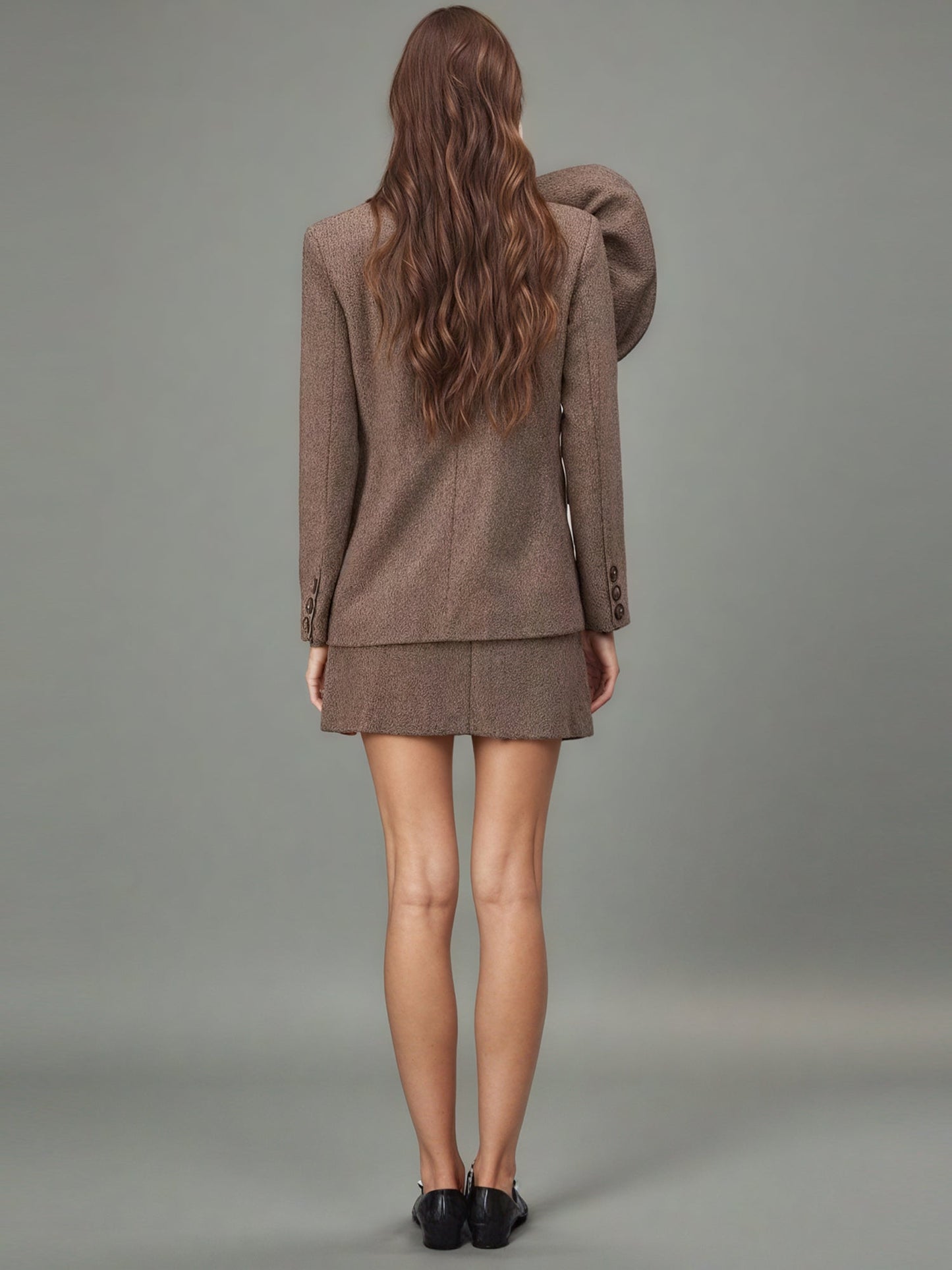 Coffee Blazer with Oversized Floral Shoulder Detail