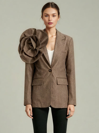 Coffee Blazer with Oversized Floral Shoulder Detail