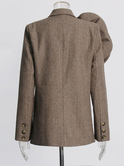 Coffee Blazer with Oversized Floral Shoulder Detail