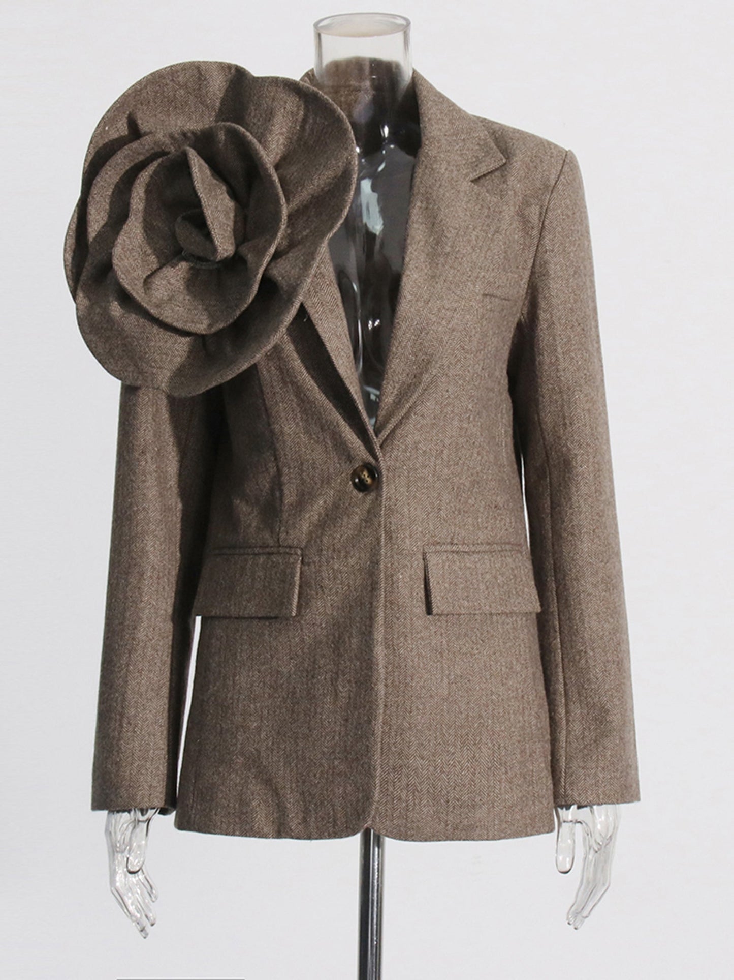 Coffee Blazer with Oversized Floral Shoulder Detail