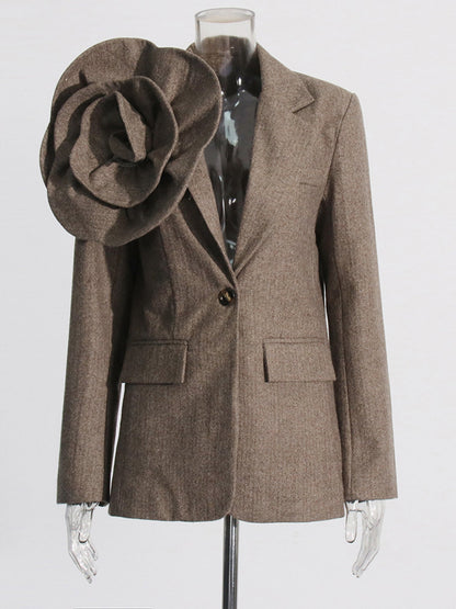 Coffee Blazer with Oversized Floral Shoulder Detail