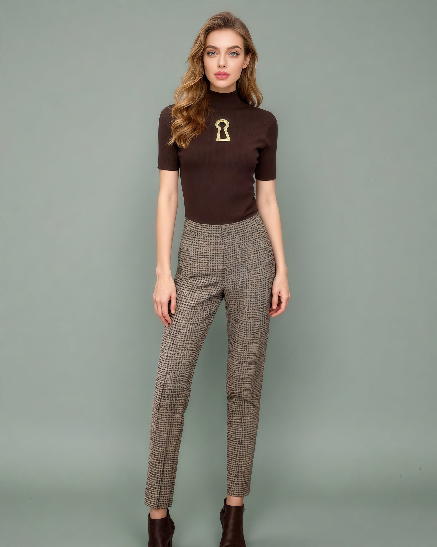 Coffee Ribbed Knit Top with Gold Keyhole Cutout