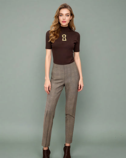 Coffee Ribbed Knit Top with Gold Keyhole Cutout