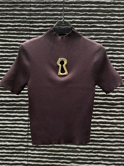Coffee Ribbed Knit Top with Gold Keyhole Cutout