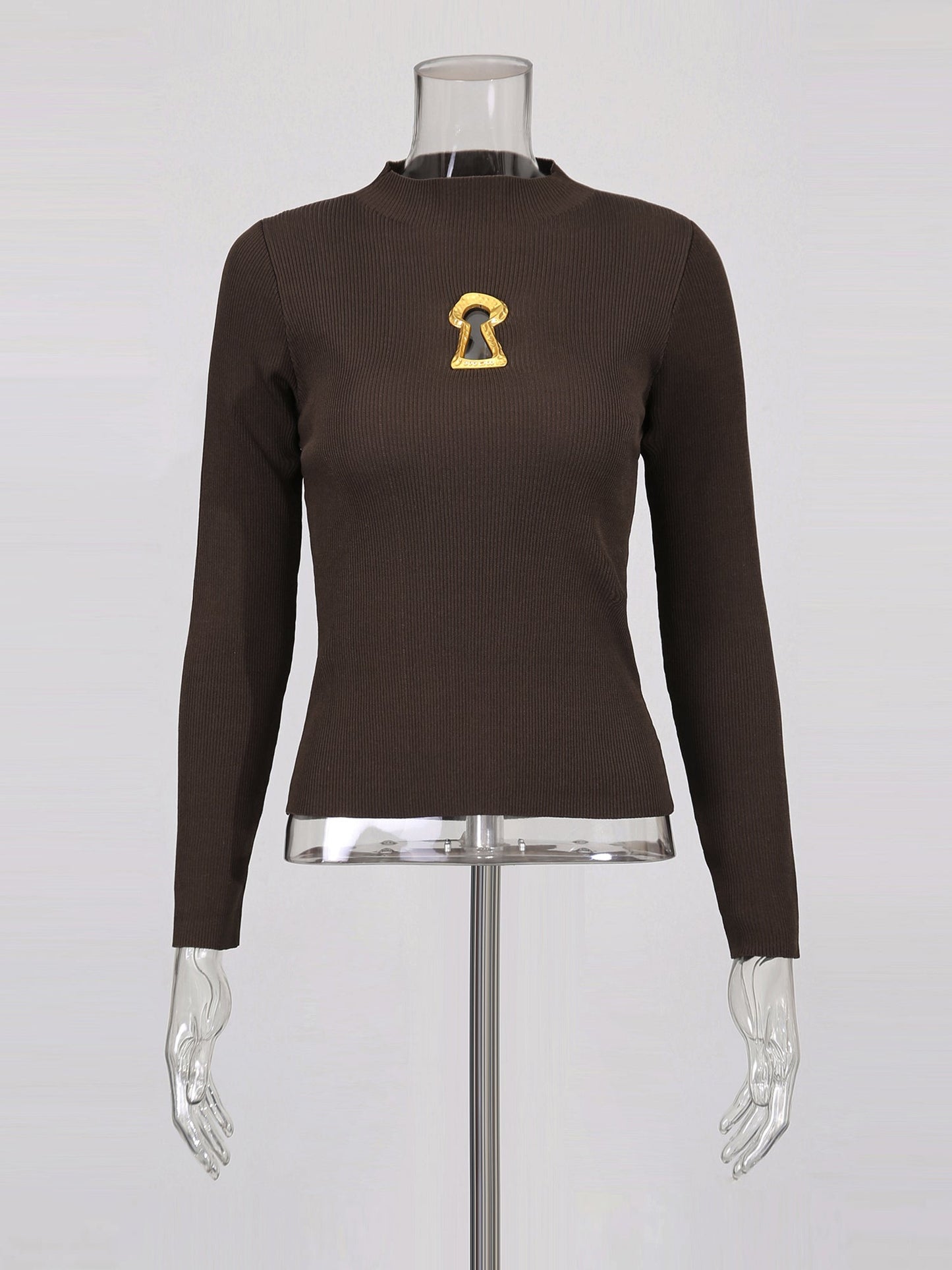 Coffee Ribbed Sweater with Gold Keyhole Embellishment