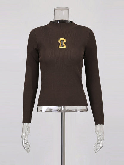 Coffee Ribbed Sweater with Gold Keyhole Embellishment